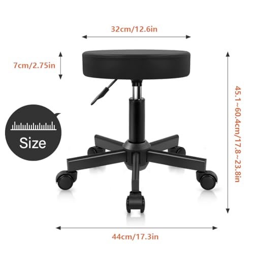 KKTONER Round Stool Rolling Stools PU Leather Height Adjustable Stool with Wheels Swivel Spa Drafting Work Chair Small (Black)