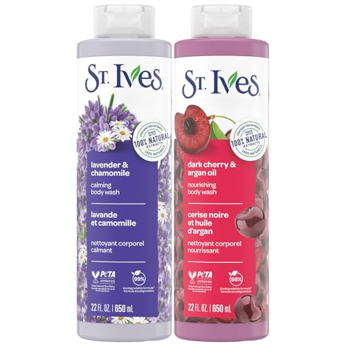 St. Ives Body Wash Variety 2-Pack, Soothing Lavender & Chamomile + Nourishing Dark Cherry & Argan Oil, 100% Natural Extracts, Cruelty-Free, 22 Oz Ea