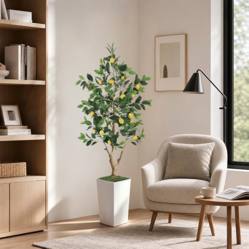 5FT Artificial Lemon Tree with White Tall Planter - Realistic Faux Plant