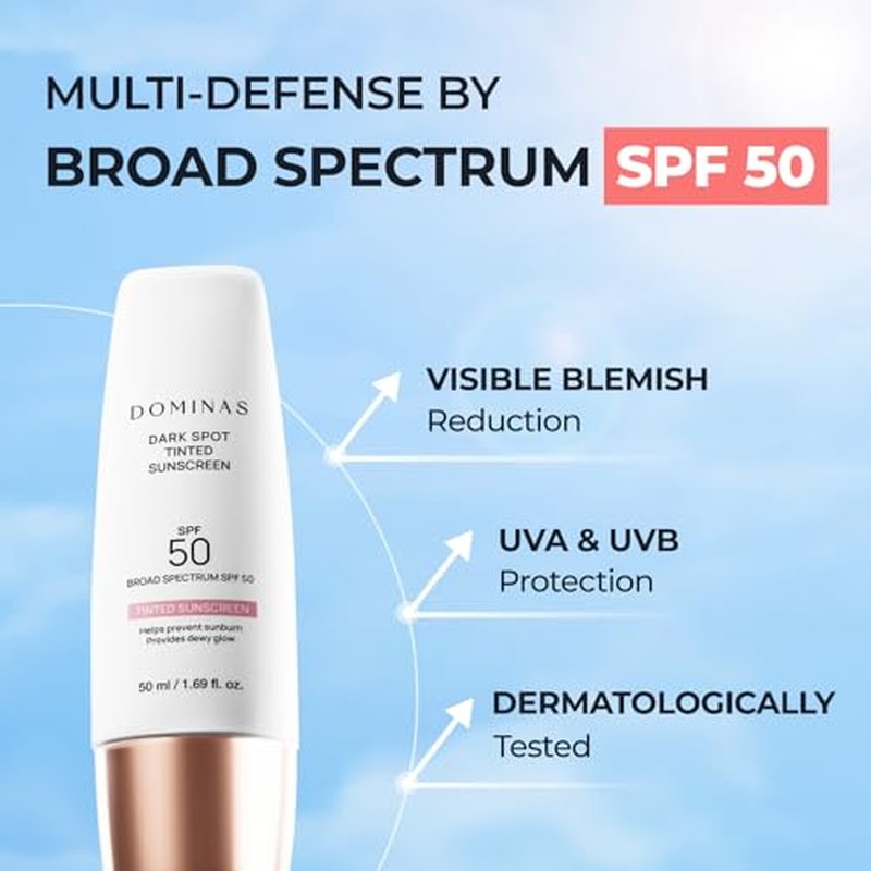 DOMINAS Dark Spot Tinted Sunscreen SPF 50 - Broad Spectrum UV Defense & Tone Correction with Panthenol, Lightweight, Non-Sticky, Hydrating Formula, Soothing & Glow, Korean Skincare, 1.69 fl oz