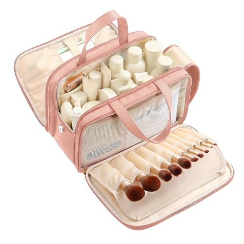 Large Travel Makeup Bag for Women with Luggage Sleeve and Reinforced Dual Handles, Featuring 10 Independent Elastic Brush Slots and 25 Pockets, Large Capacity Waterproof Cosmetic & Toiletry Organizer