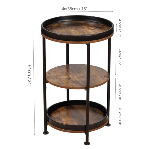 Dulcii Rustic Brown Round Side Table with 3 Storage Shelves - Classic Variation