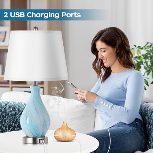 Blue Gray Accent Table Lamp Set of 2 with USB Ports, Dimmable Touch Control, 22-Inch Art Glass Nightstand Lamps