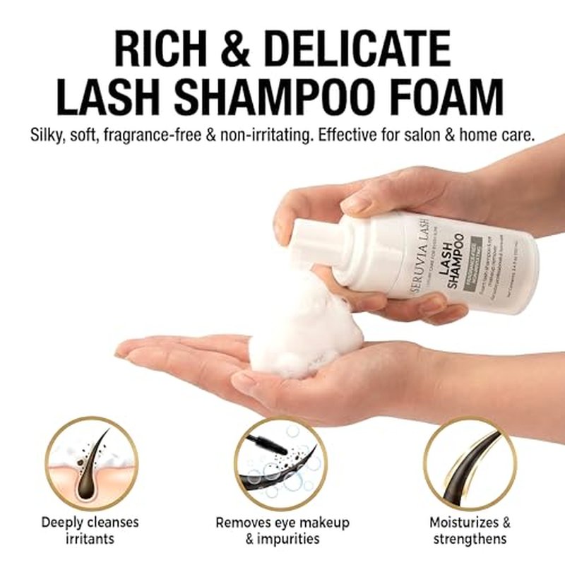 Eyelash Shampoo for Eyelash Extensions (3.4 fl oz / 100ml) - Sensitive Eyelid Foaming Cleanser - Oil-Free Lash Bath for Daily Aftercare - Includes Soft Brush & Mascara Wand