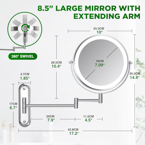 Chrome-Light 30X Wall Mounted Makeup Mirror Double Sided with Adjustable Lighting