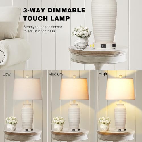 CINSARY 24.3-Inch Farmhouse Cream Jar Table Lamps Set of 2 with USB Charging & Touch Control