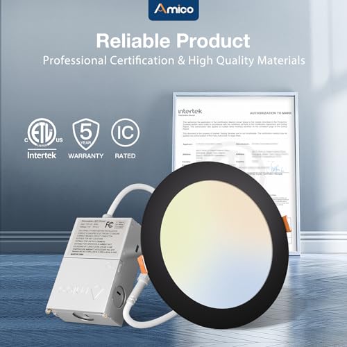 Amico Black 6 Inch LED Recessed Downlight - Canless Wafer Ceiling Light with 5 CCT