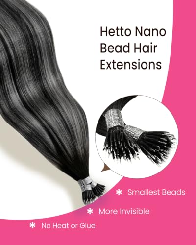 Nano Bead Hair Extensions Human Hair #1B Silver 18in 50g - Variation of THIS listing