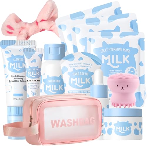 Milk Skincare Set for Kids,12 IN 1 Moisturizing & Gentle Milk Skin Care for Teens 10-12, Kids Skin Care Set for Girls Ages 8-12, Travel Essentials Face Skincare for Girls 10-12 Kit, All Skin Types