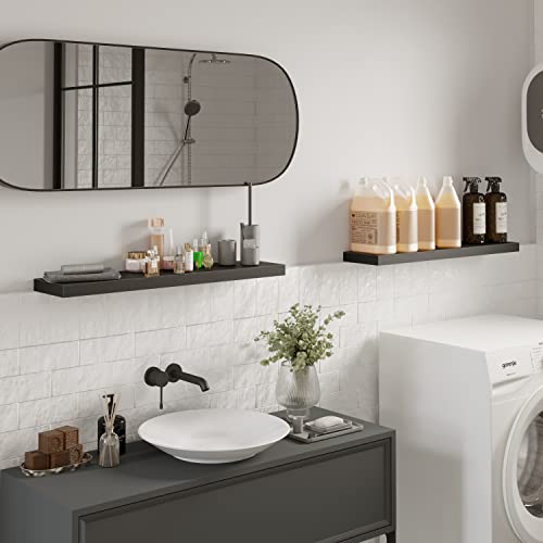Floating Wall Shelves Set of 2 - 31.5 x 7.7 inch Black MDF Shelves with Invisible Brackets
