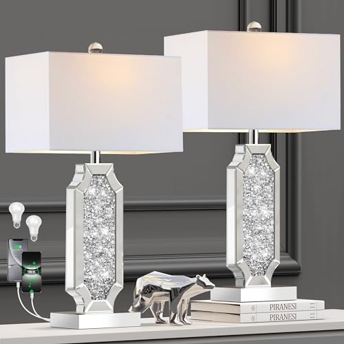 Hamucd Silver 3-Way Dimmable Touch Bedside Table Lamps Set of 2 with USB-A+C Ports