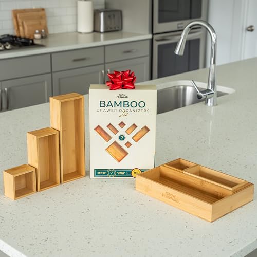 7-Piece Bamboo Drawer Organizer Set - Multi-Size Storage Trays for Kitchen, Bathroom, Office & Vanity