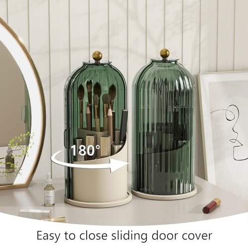 Makeup Brush Holder with Dustproof Cover 360 Rotating Makeup Brush Organizer for Vanity Bathroom, Green