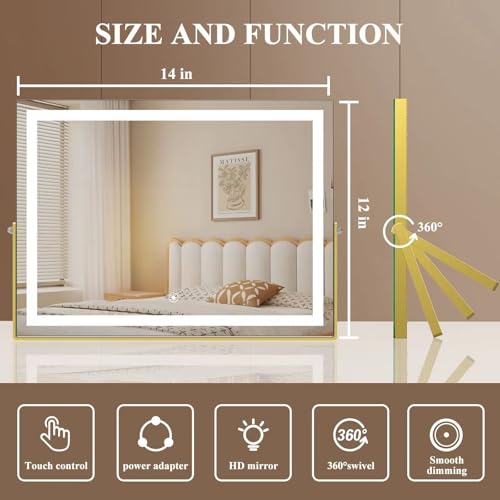 Ligheted Vanity Mirror with Lights, 14" x 12" LED Makeup Mirror, Hollywood Mirror,3 Modes Light, Smart Touch Control Dimmable, 360¡ÆRotation, Rectangle Gold Frame