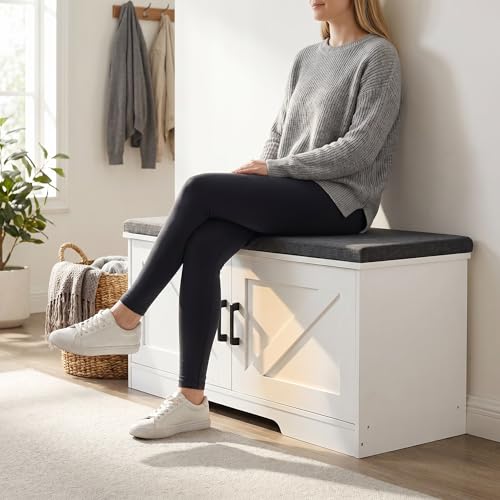 White Farmhouse Shoe Storage Bench with Barn Doors & Padded Seat - 39.4" Wide