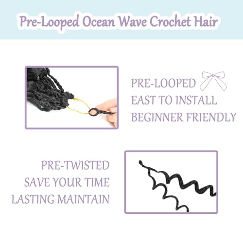 Pre-Looped Ocean Wave Crochet Braids - 12 Inch Water Wave Synthetic Hair, Pack of 8, #T30