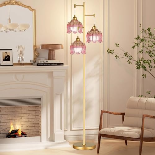QIYIZM 14- Floor Lamp Pink Mid Century Modern 3-Head Brass Tree Floor Lamp