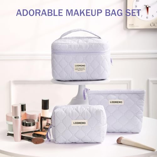 Makeup Bag 3 PCS Cosmetic Bags for Women, Quilted Travel Make up Bag Set Cute Cotton Toiletry Bag Organizer Pouch for Purse, Purple