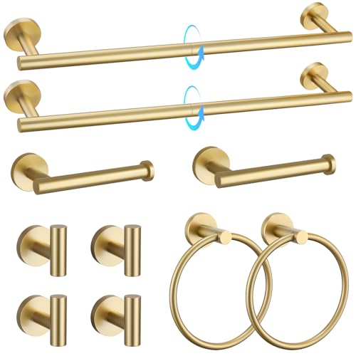 TQKAG Brushed Gold 10-Pieces Bath Hardware Set – SUS304 Stainless Towel Bar 23.6in, Rings, Hooks & Holders