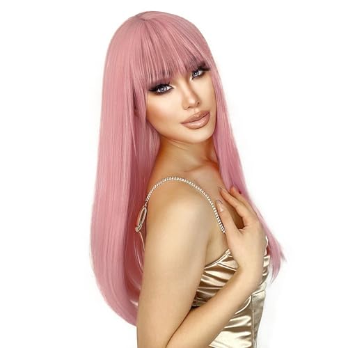 Light Pink Long Straight Wig with Bangs - 22 Inch Synthetic Cosplay & Daily Wear