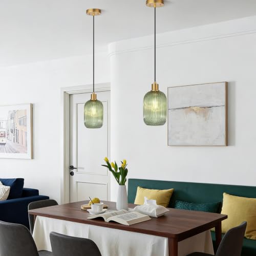 Vintage Green Ribbed Glass Pendant Light with Adjustable Brass Fixture for Kitchen Island