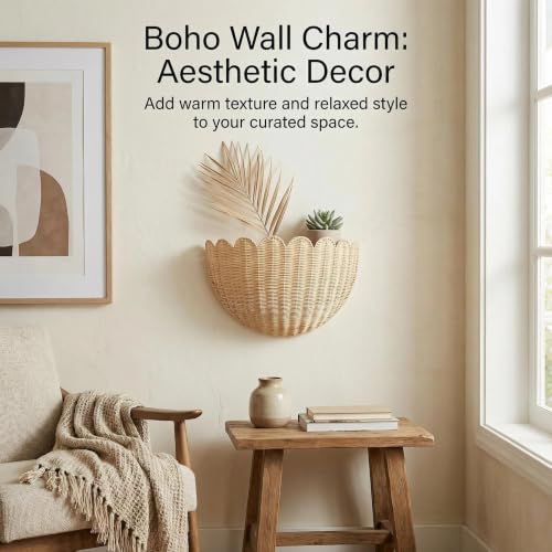 Large & Middle Scalloped Wicker Wall Basket Set - Handwoven Boho Rattan Wall Decor & Storage