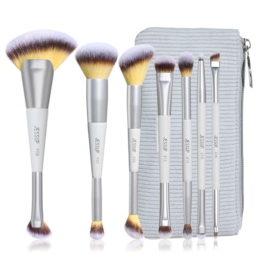 Jessup 7 Dual-Ended Makeup Brush Set with Case - Quiet Gray, 14-Piece