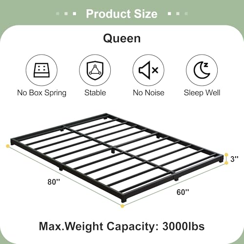 Queen Low Profile Bed Frame 3 Inch Heavy Duty Platform No Box Spring