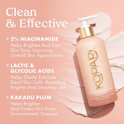 Kopari Brightening Silk Body Cream with 2% Niacinamide, AHAs & Kakadu Plum ? Hydrating Body Lotion for Radiant, Even Skin Tone, Lightweight, Fast-Absorbing, Juicy Pink Guava Scent, 6.7 oz