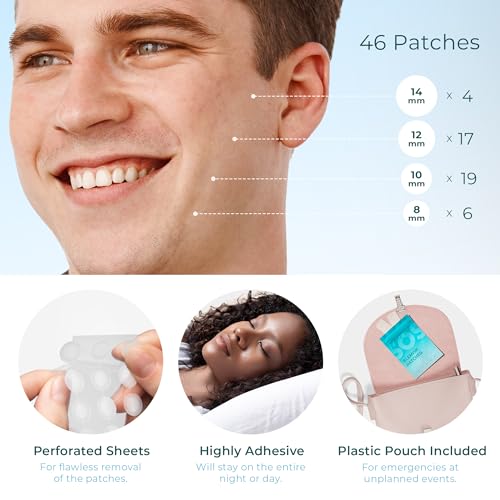 Hydrocolloid Pimple Patches (Made in Korea) FSA/HSA Eligible - Vegan, Hypoallergenic, Cruelty-Free Acne Circle Stickers for Overnight Use, for Zits, Spots, Pimples, Whiteheads (46 Count, Mixed Sizes)