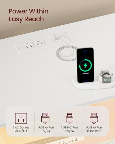 VASAGLE Nightstand with LED Lights & Charging Station - Cloud White, 2 Drawers