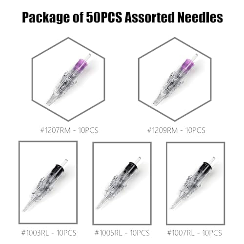 50Pcs Tattoo Cartridge Needles Set - Mixed Round Liner & Curved Magnum - Variation of 50Pcs- 10RL+12RM