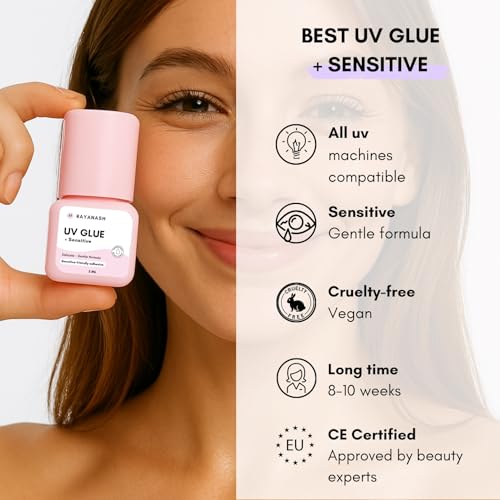 UV Eyelash Glue for Professional - Transparent Purple UV Light Adhesive for Lash Extensions, 1 Sec Fast Drying, Extra Strong Hold Up to 8 Weeks Retention