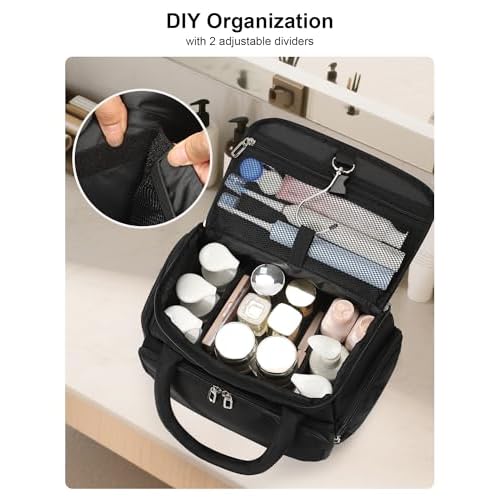 Hanging Toiletry Bag for Women - Travel Makeup Organizer with Brush Compartment, Portable Toiletry Bag with Removable Dividers for Full-size Container, Lightweight Cosmetic Case for Trip - Black