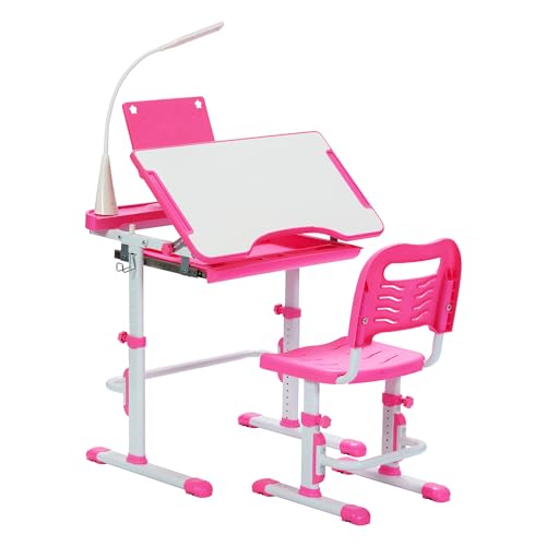 Kids Desk and Chair Set with Tilt Desktop LED Light Pink - Children’s Multi-Function School Furniture