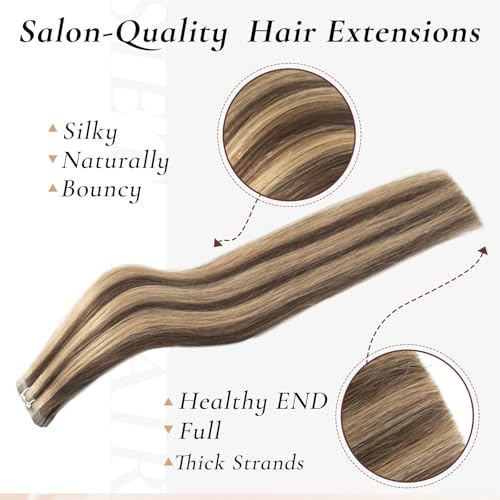 Tape-In Hair Extensions Human Hair 20pcs 22 Inch Chocolate Brown & Caramel Blonde