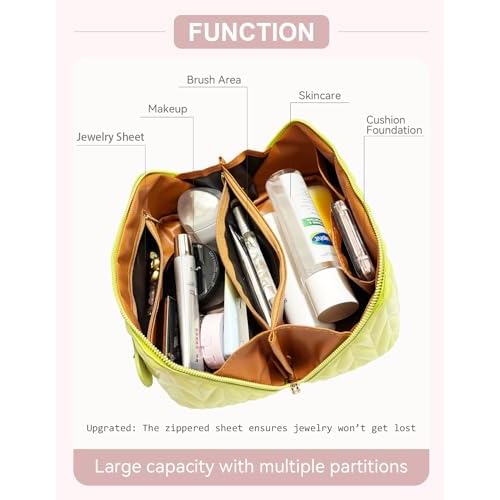 Travel Makeup Bag for Women, Large Capacity Cosmetic Bags for Girls, Compact Pouch Make up Organizer, Waterproof Toiletry Bag with Divider and Handle (Green)