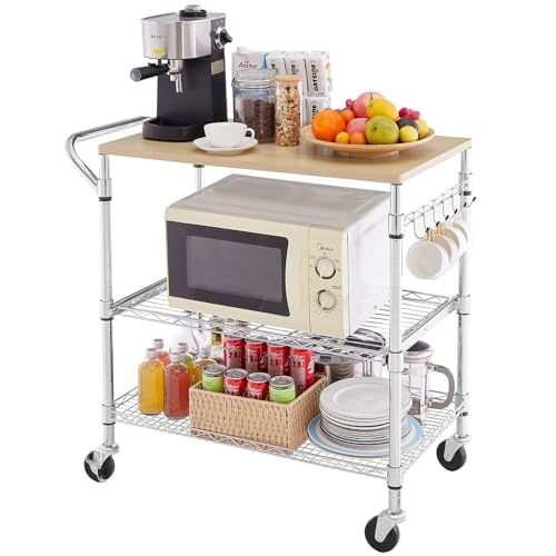 3-Tier Rolling Kitchen Cart with Wood Top and Slider Shelf - 35.4"L x 18.1"W x 31.9"H, Metal & Wood, Chrome Finish