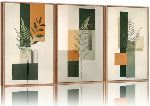 Green Fern Leaf Canvas Wall Art - Boho Botanical Decor for Living Room & Bedroom - 24x16 Inches - Rustic Minimalist Artwork