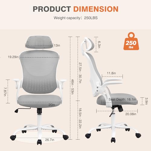 Sweetcrispy Grey Mesh Ergonomic Office Chair with Lumbar Support and Flip-Up Armrests