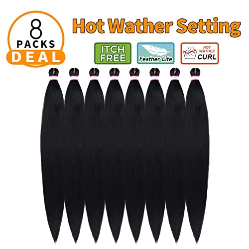 Dorsanee Pre Stretched Braiding Hair 8 Packs 42 Inch Natural Black Synthetic Extensions for Braids & Twists - Hot Water Set Yaki Straight