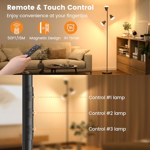 SIBRILLE 36W LED Tree Floor Lamp with Remote - Black Modern Dimmable Standing Light for Living Room & Bedroom