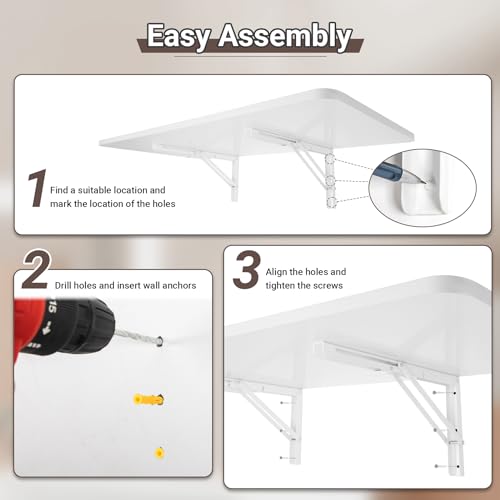 Wall Mounted Folding Table - 39.4 x 19.7 Inches, White - Space-Saving Desk