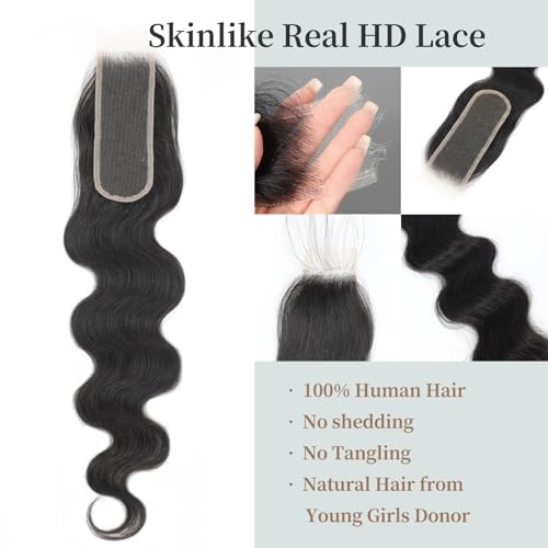 14 Inch 2x6 HD Lace Closure Body Wave Human Hair Virgin Remy Natural Black