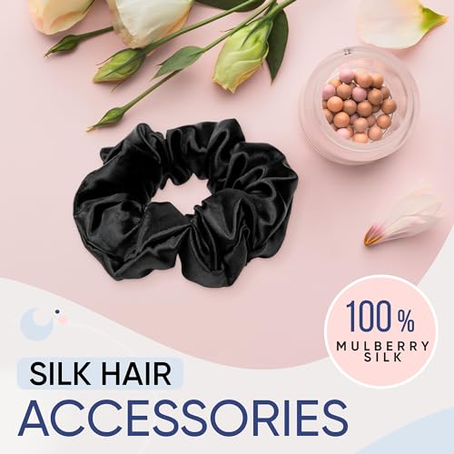 Silk Scrunchies 3 Pack - Black, Gold & Pink - 100% Mulberry Silk, 22 Momme, High-Grade Hair Ties (Regular)