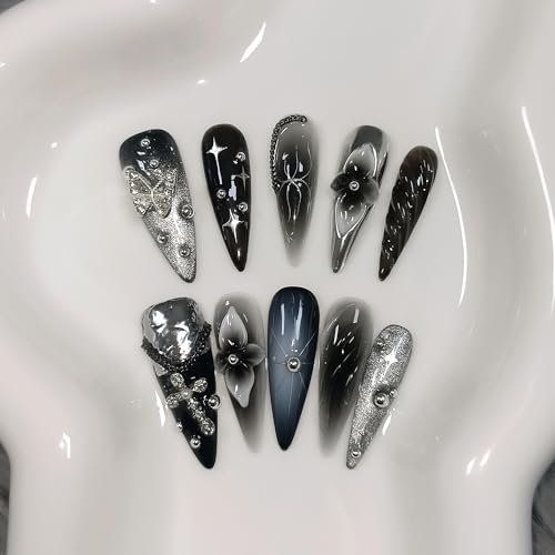 Handmade Press on Nails Long Stiletto - Gothic Cat Eye Blushing Ombre Fake Nails with 3D Chain Design | Ultra Thin Flexible False Nails with Tools| Dark Stiletto Y2K Nails For Women Girls(S)