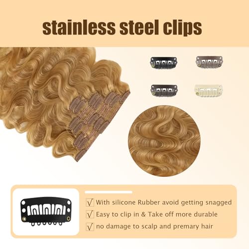 CP-Gold-#27-B 16 Inch Blonde Clip-In Hair Extensions Real Human Hair Honey Blonde Body Wave