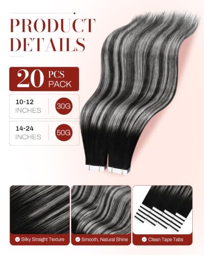 Moresoo Balayage Tape-In Hair Extensions 20 Inch Black to Silver Grey 20Pcs 50g