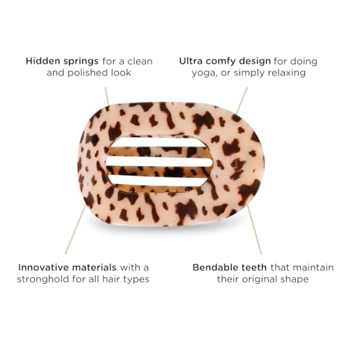 TELETIES - Large Flat Round Clip - Strong Grip, Bendable Teeth, Comfortable Curved Design - For Lying Down, Yoga, Driving & More - Ideal for Thick Hair - For All Hair Textures - Blonde Tortoise