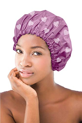 Reversible Satin Lined Shower Cap for Hair Protection - Large Pink Heart Variation